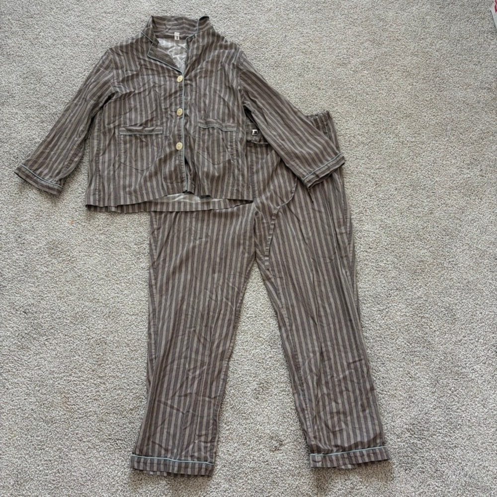 Domi Organic Cotton Striped Pajama Set Brown Grey Small Womens Quiet Luxury